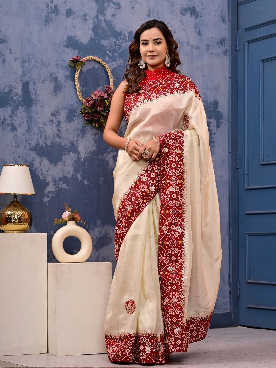 Patola Silk Saree with Cosmo Tissue Border, Bandhani Patching & Gota Patti Work | Designer Festive & Wedding Wear