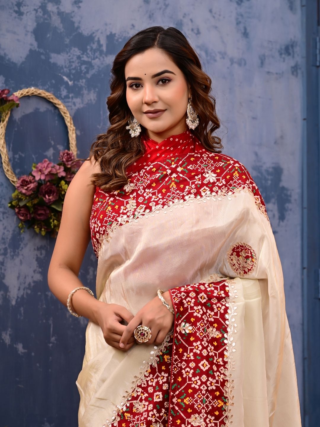 Patola Silk Saree with Cosmo Tissue Border, Bandhani Patching & Gota Patti Work | Designer Festive & Wedding Wear