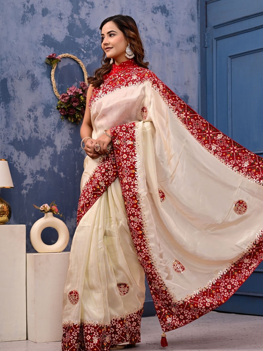 Patola Silk Saree with Cosmo Tissue Border, Bandhani Patching & Gota Patti Work | Designer Festive & Wedding Wear