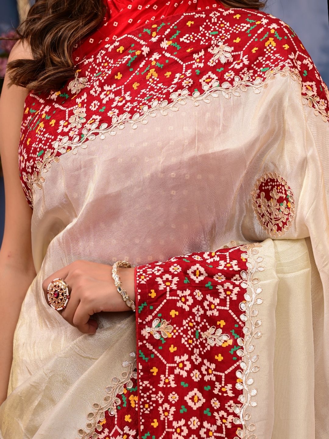 Patola Silk Saree with Cosmo Tissue Border, Bandhani Patching & Gota Patti Work | Designer Festive & Wedding Wear