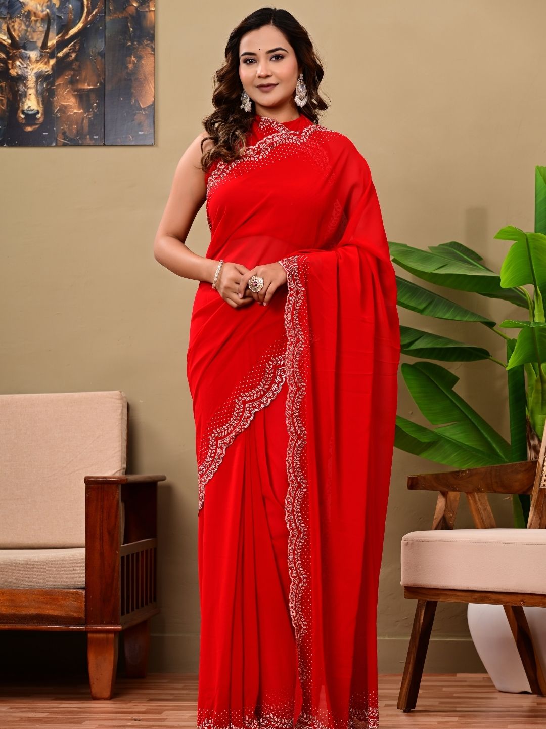 Elegant Red Georgette Saree with All-Over Siroski Jaal Work | Wedding & Festive Wear