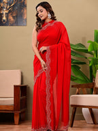 Elegant Red Georgette Saree with All-Over Siroski Jaal Work | Wedding & Festive Wear