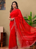 Elegant Red Georgette Saree with All-Over Siroski Jaal Work | Wedding & Festive Wear