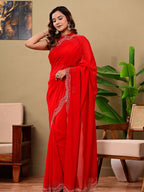 Elegant Red Georgette Saree with All-Over Siroski Jaal Work | Wedding & Festive Wear
