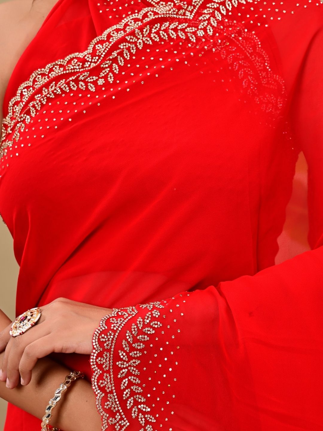 Elegant Red Georgette Saree with All-Over Siroski Jaal Work | Wedding & Festive Wear