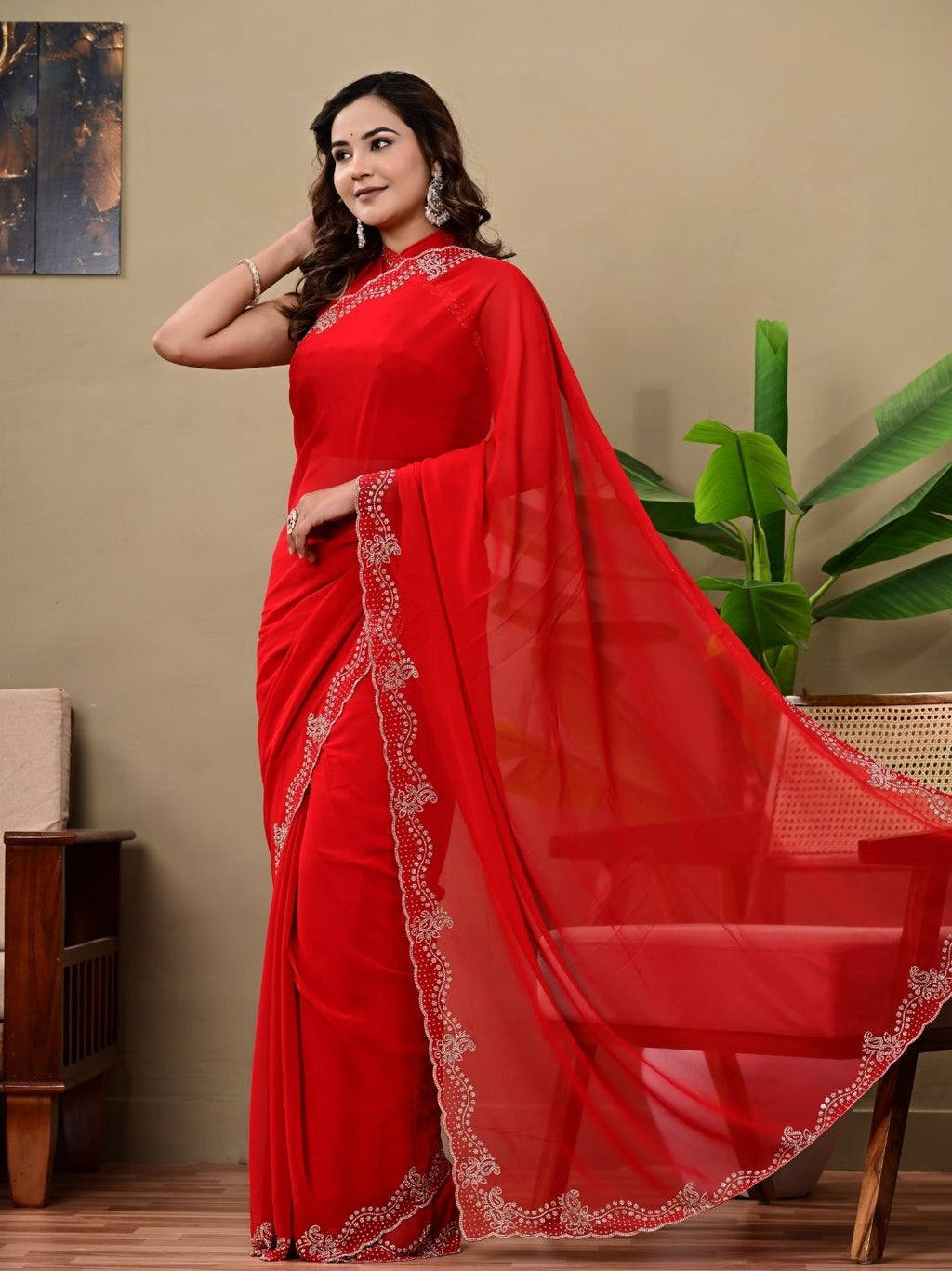 Elegant Red Georgette Saree with Premium Siroski Jaal Work | Festive & Wedding Wear Saree