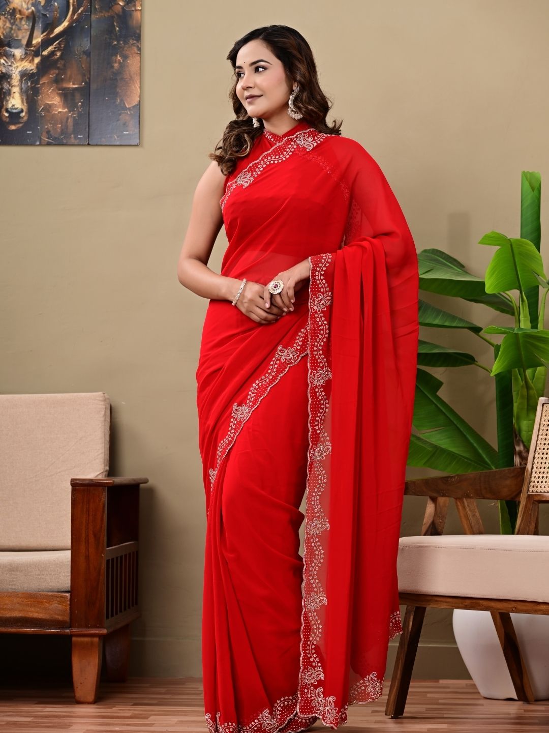 Elegant Red Georgette Saree with Premium Siroski Jaal Work | Festive & Wedding Wear Saree