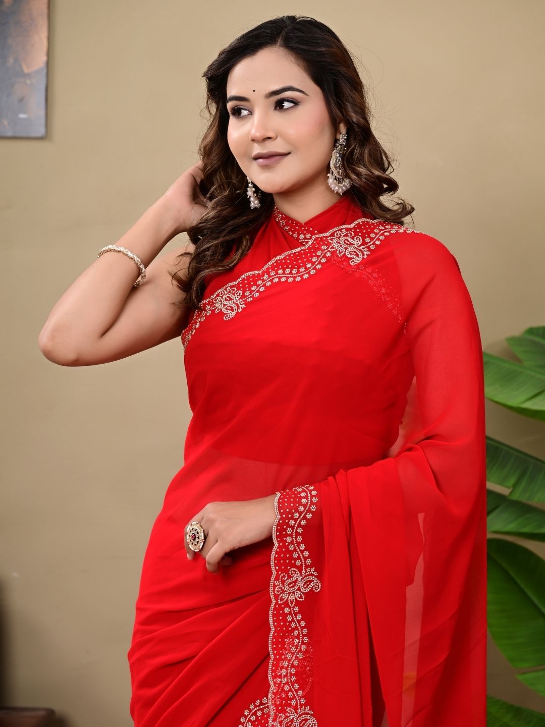 Elegant Red Georgette Saree with Premium Siroski Jaal Work | Festive & Wedding Wear Saree