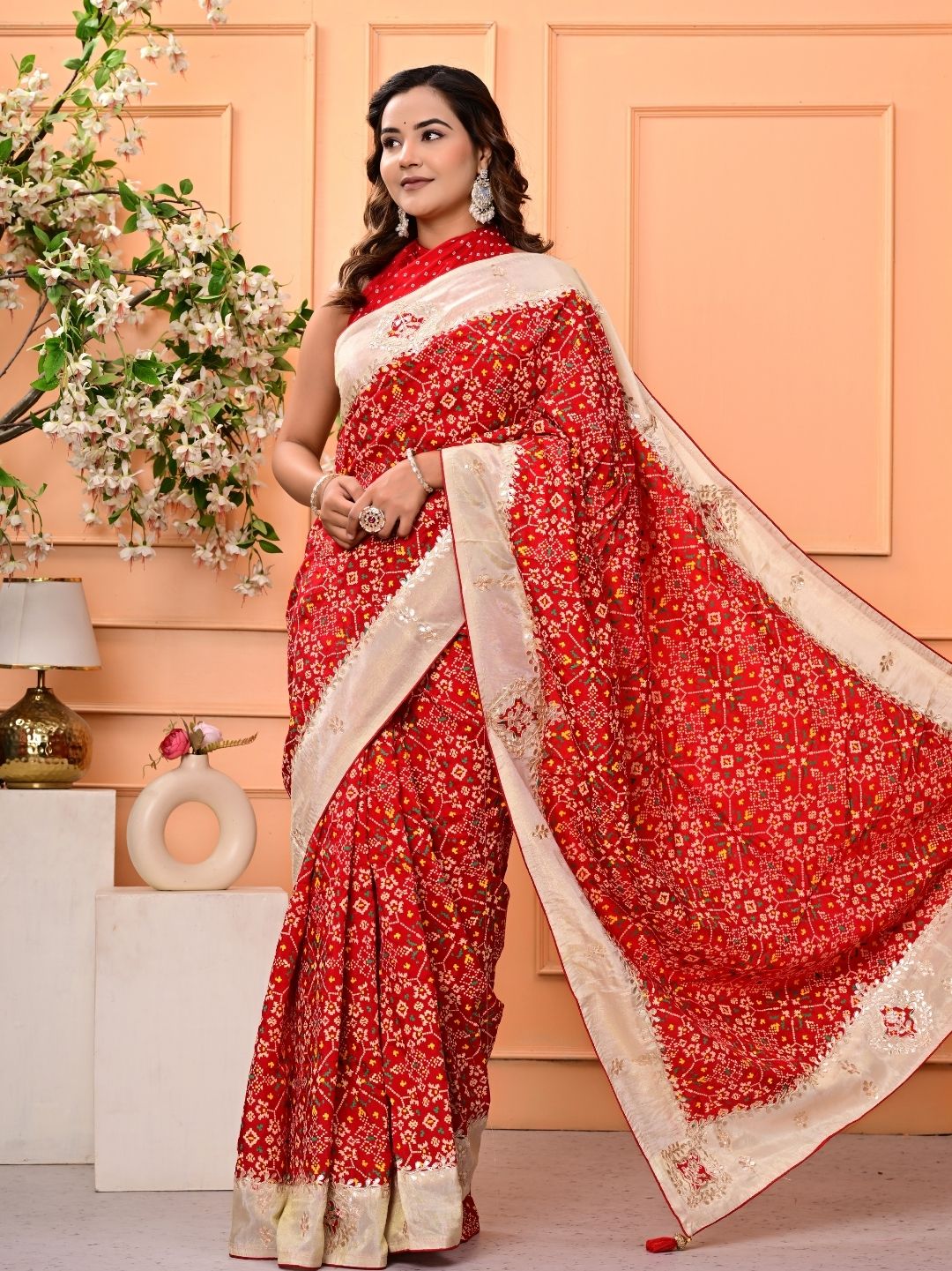 Patola Silk Saree with Cosmo Tissue Border, Bandhani Patching & Gota Patti Work | Designer Festive & Wedding Wear