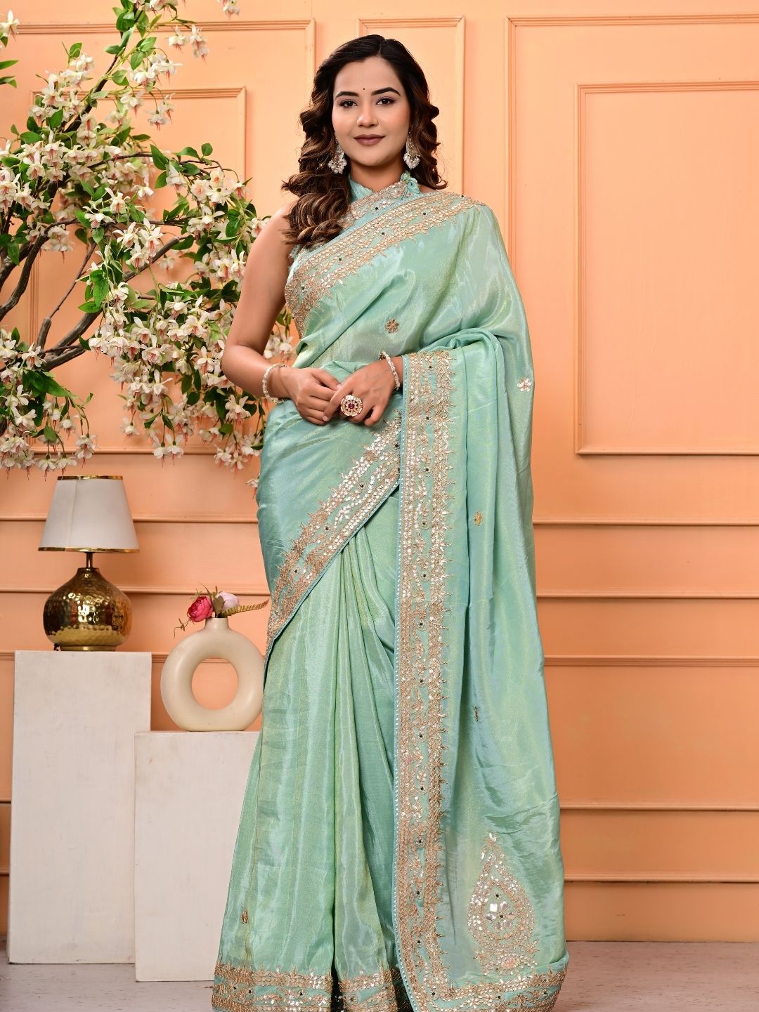 Cosmo Tissue Saree with Gottapatti, Zardozi & Pearl Handwork | Luxurious Wedding & Festive Wear