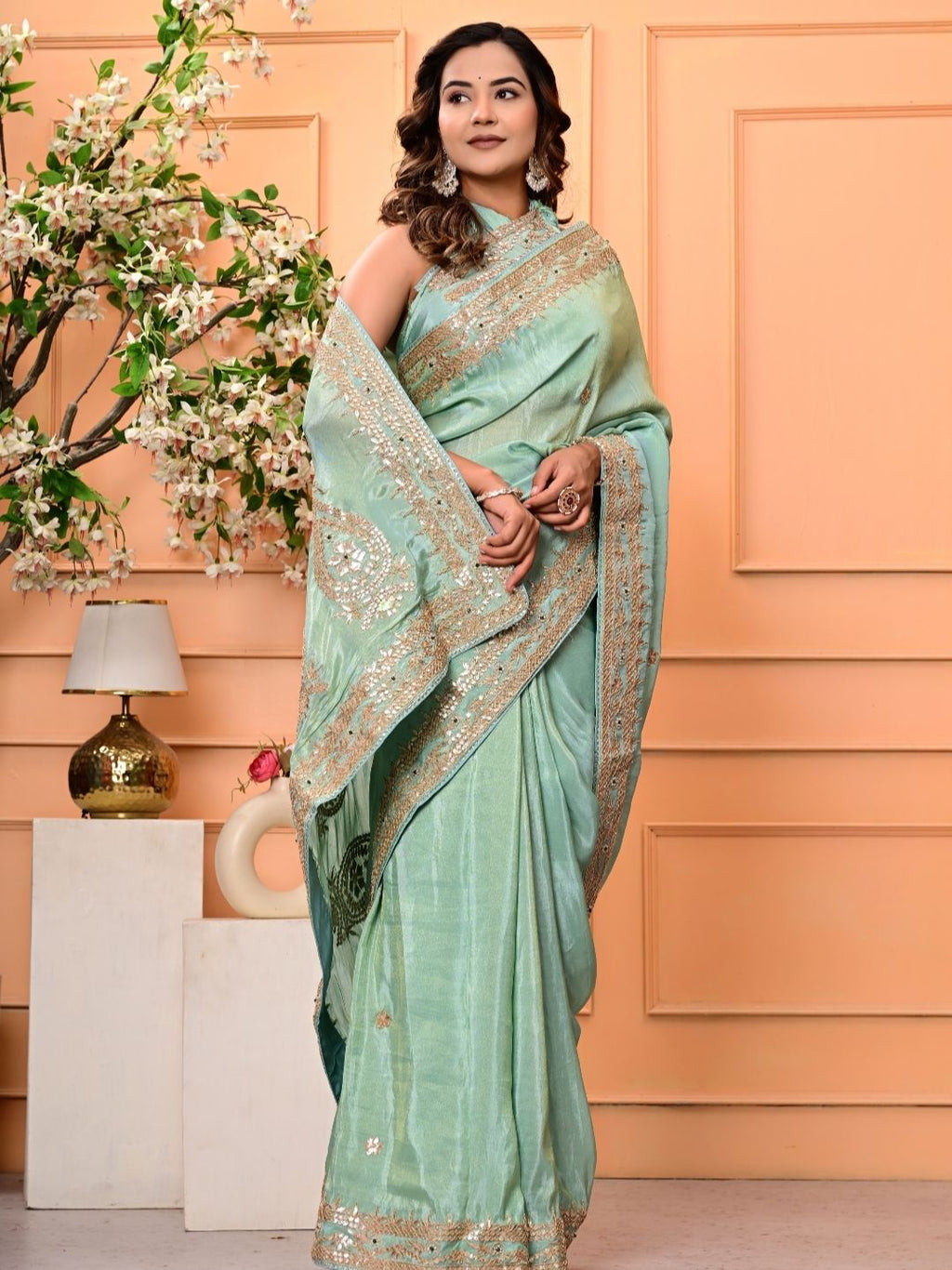 Cosmo Tissue Saree with Gottapatti, Zardozi & Pearl Handwork | Luxurious Wedding & Festive Wear