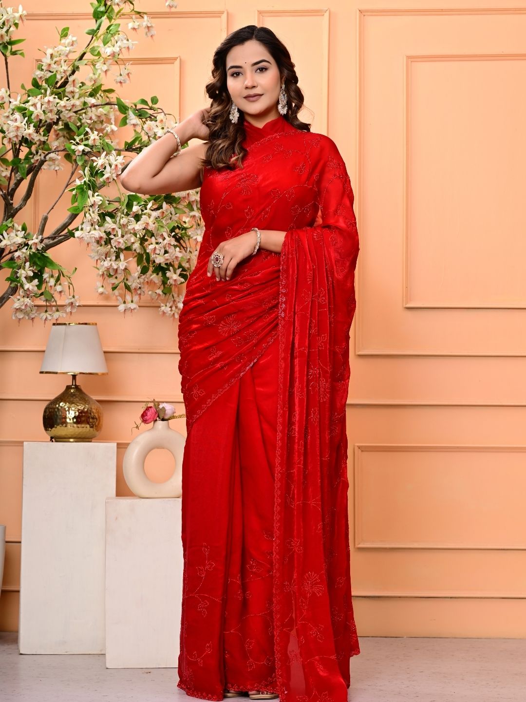 Elegant Red Georgette Saree with All-Over Siroski Jaal Work | Premium Wedding & Festive Wear