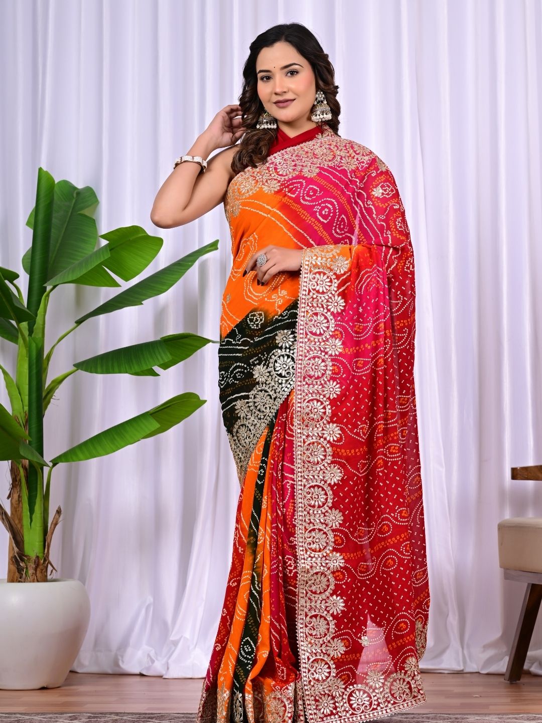 Multi-Colour Viscose Bandhej Saree with Intricate Gota Patti Work
