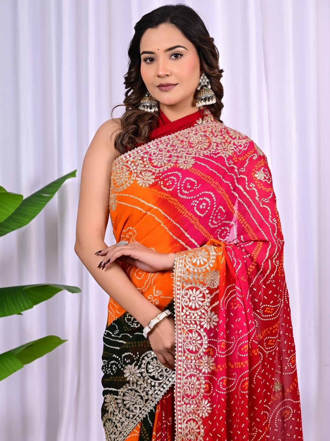 Multi-Colour Viscose Bandhej Saree with Intricate Gota Patti Work
