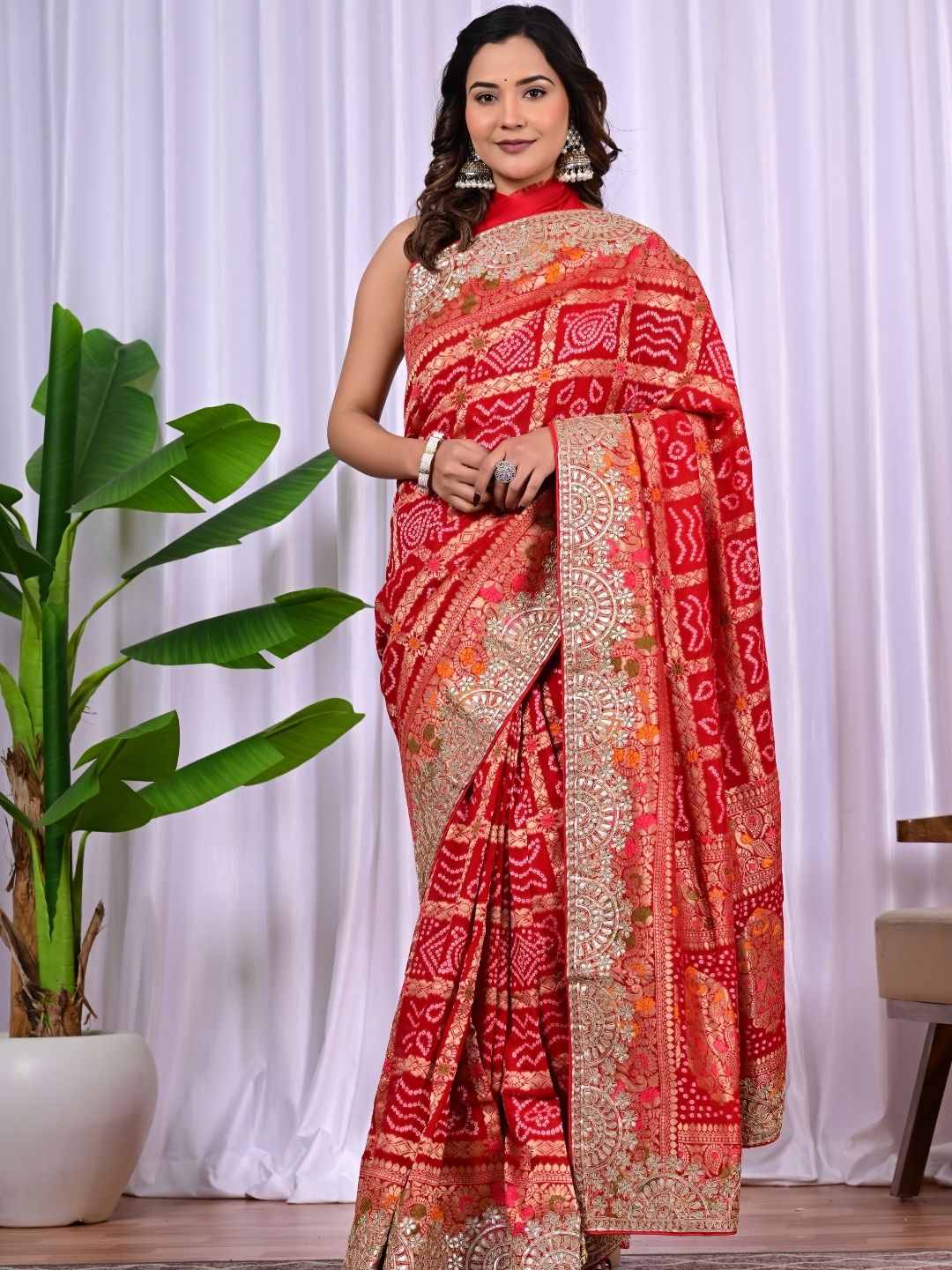 Red & Rani Riddhi Khadi Georgette Bridal Saree with Hand Zari & Meenakari Work