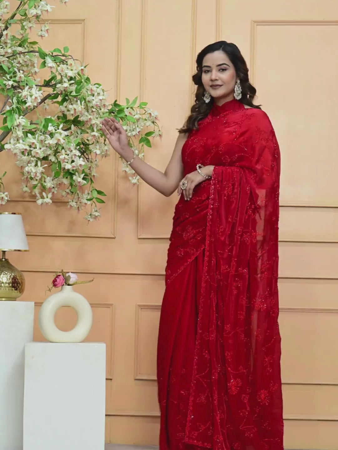 Elegant Red Georgette Saree with All-Over Siroski Jaal Work | Premium Wedding & Festive Wear