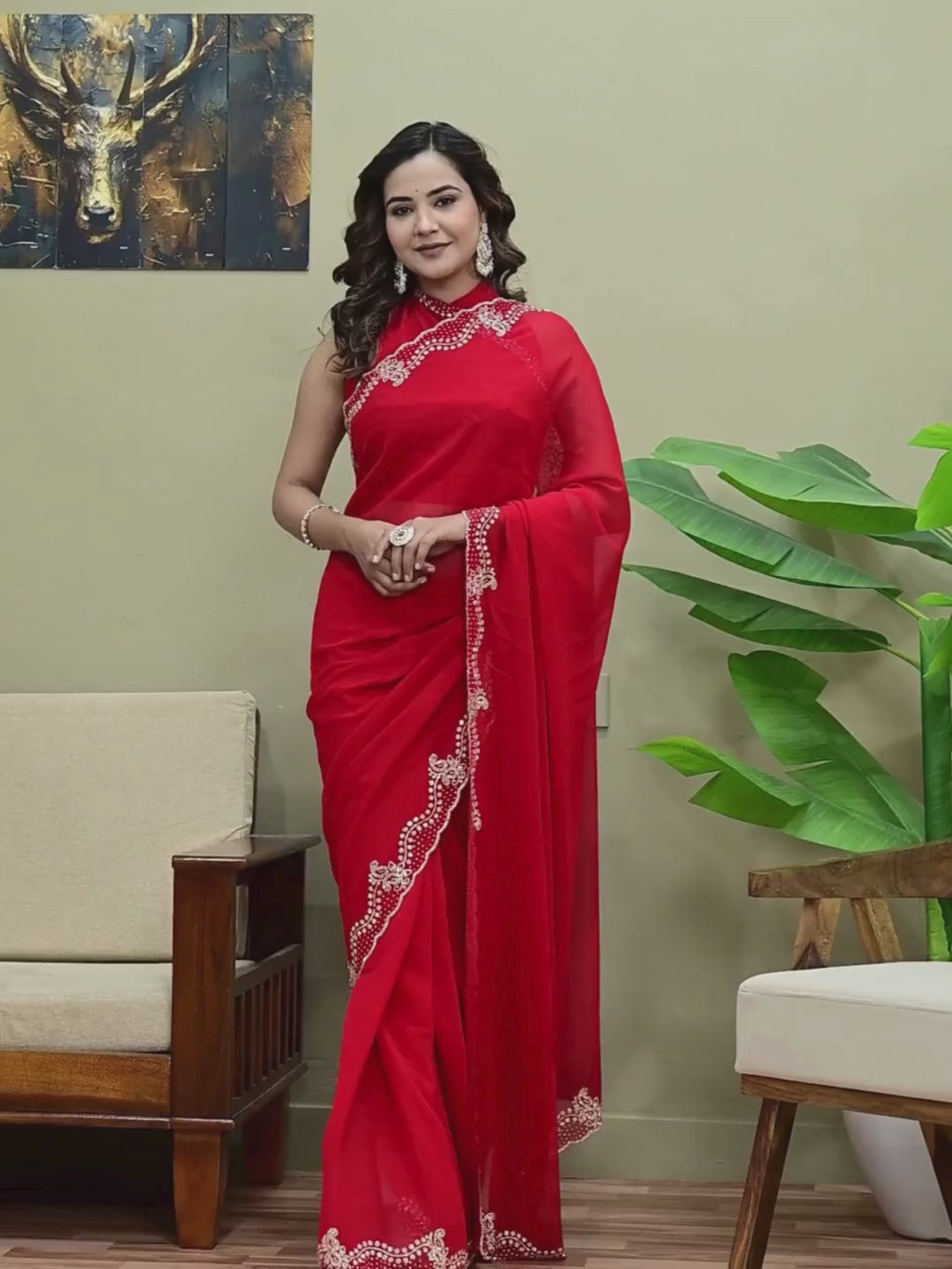Elegant Red Georgette Saree with Premium Siroski Jaal Work | Festive & Wedding Wear Saree