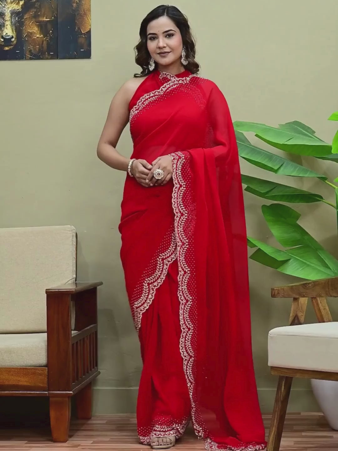 Elegant Red Georgette Saree with All-Over Siroski Jaal Work | Wedding & Festive Wear